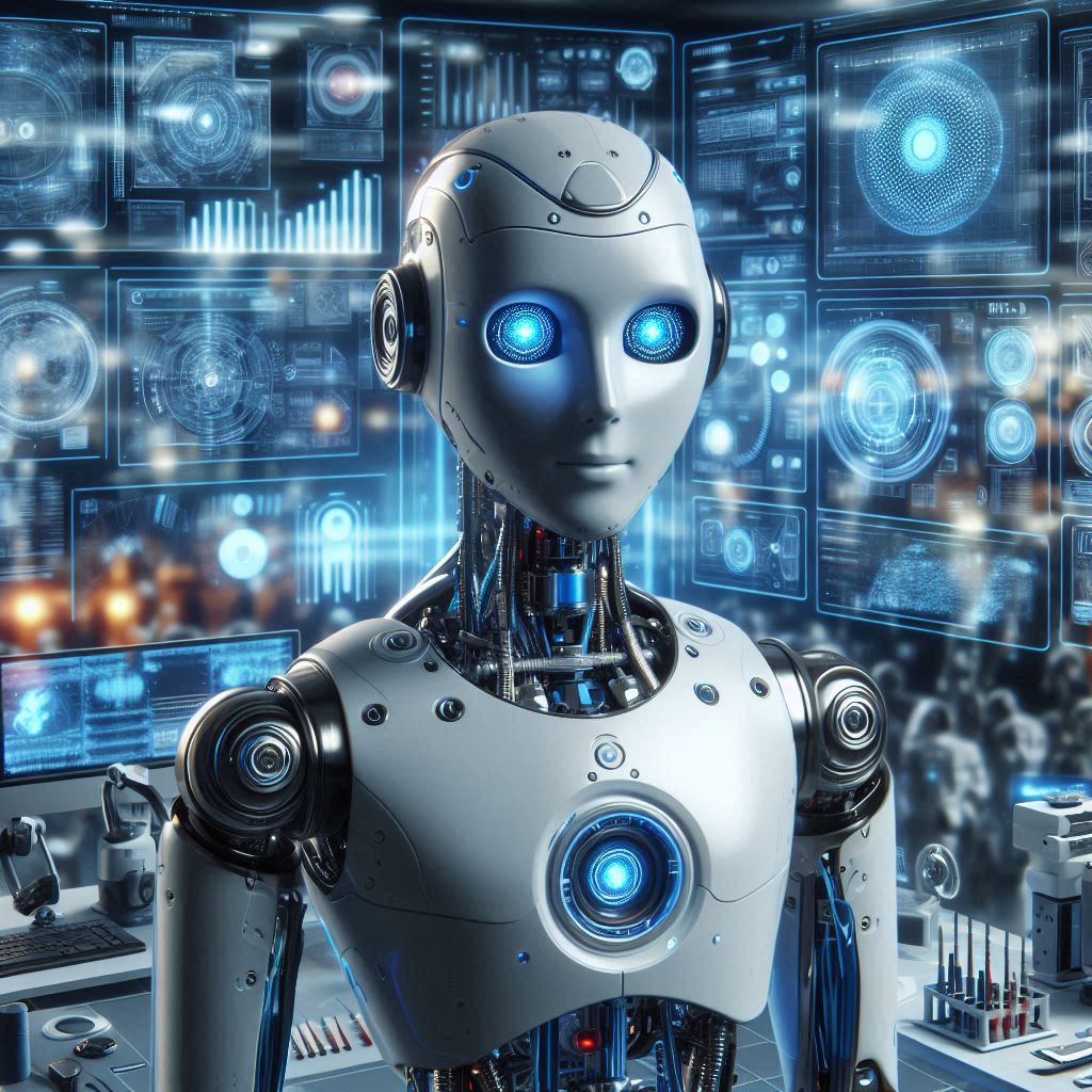 A-humanoid-robot-with-glowing-blue-eyes-stands-in-front-of-a-high-tech-digital-display-symbolizing-the-growing-influence-of-artificial-intelligence-and-automation-in-the-workforce