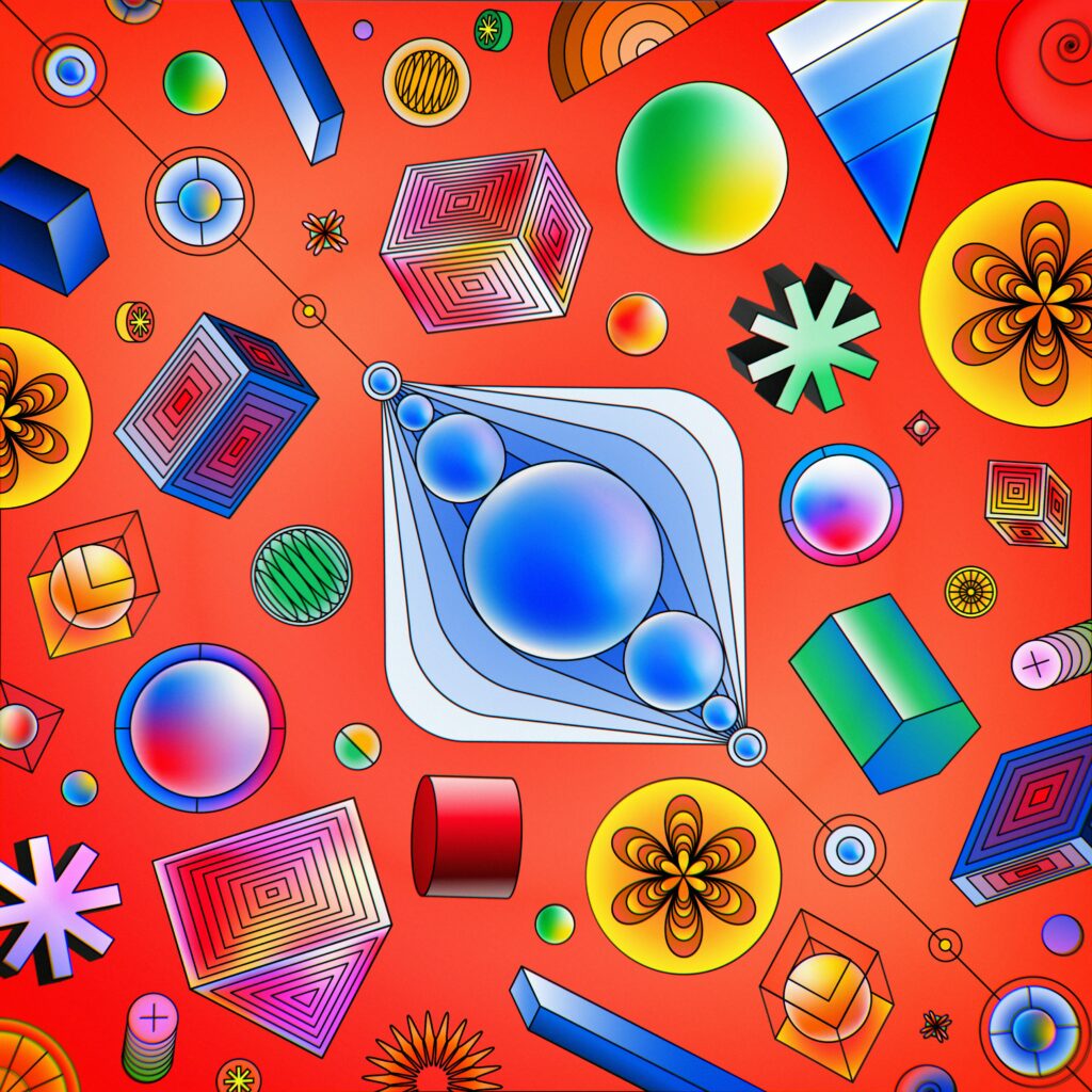 A-vibrant-digital-illustration-featuring-abstract-geometric-shapes-in-a-variety-of-colors-and-gradients-set-against-a-red-backdrop-The-composition-includes-spheres-cubes-pyramids-and-dynamic-lines-that-create-a-harmonious-and-visually-striking-design